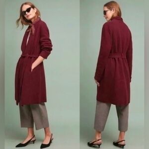 Anthro Moth Mayella Wool Blend Maroon Burgundy Belted Sweater Coat Size S